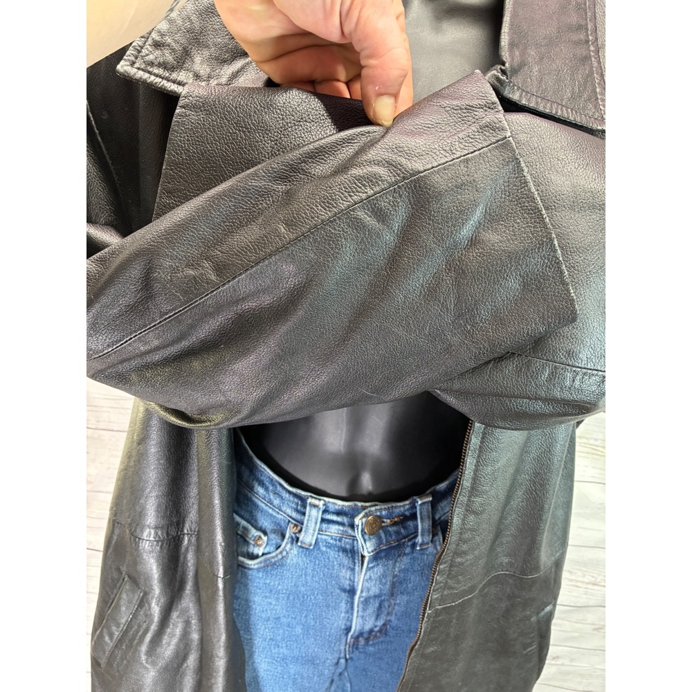Y2K Vintage Midnight Velvet Belted Zip Leather Jacket Grunge Trench Large Black - Picture 7 of 8